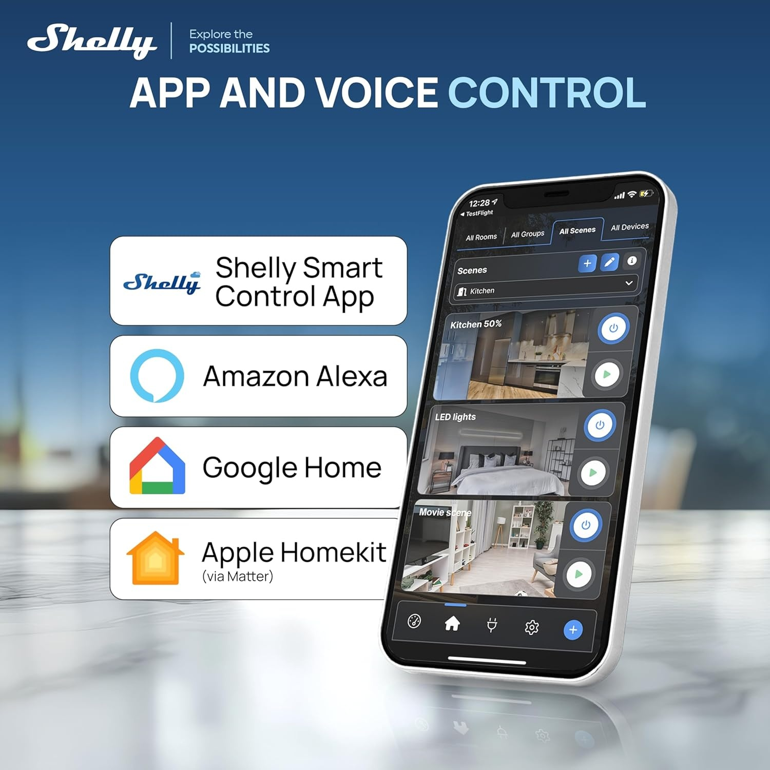 App Shelly e controllo vocale con icone per Alexa, Google Home, Apple Homekit.