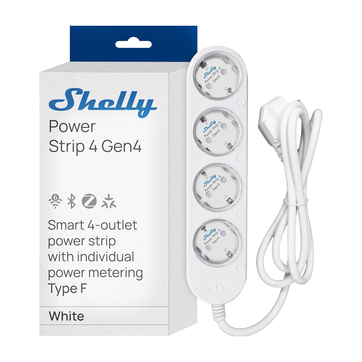 Multipresa bianca Shelly Power Strip 4 Gen4 con quattro prese e cavo.