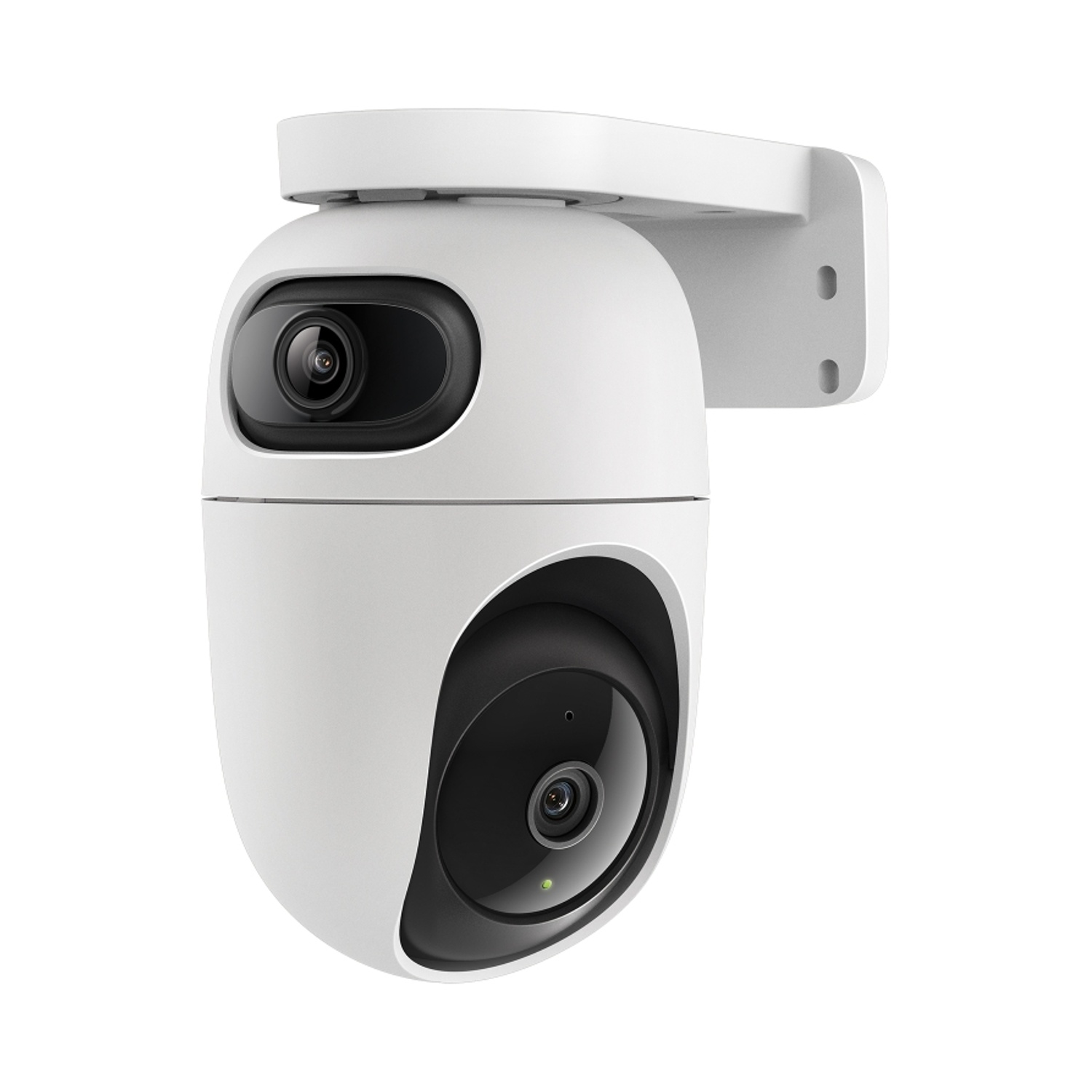 Una telecamera di sicurezza bianca con obiettivo e staffa neri su sfondo bianco.