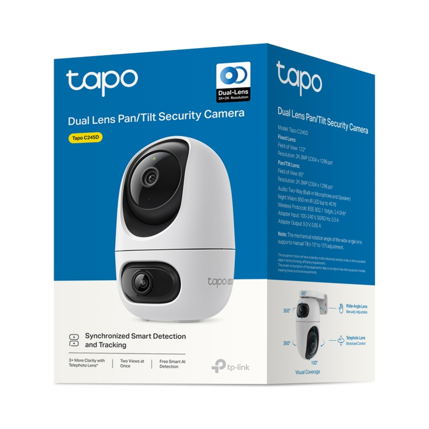 Confezione fotocamera di sicurezza Tapo Dual-Lens Pan/Tilt con illustrazione.