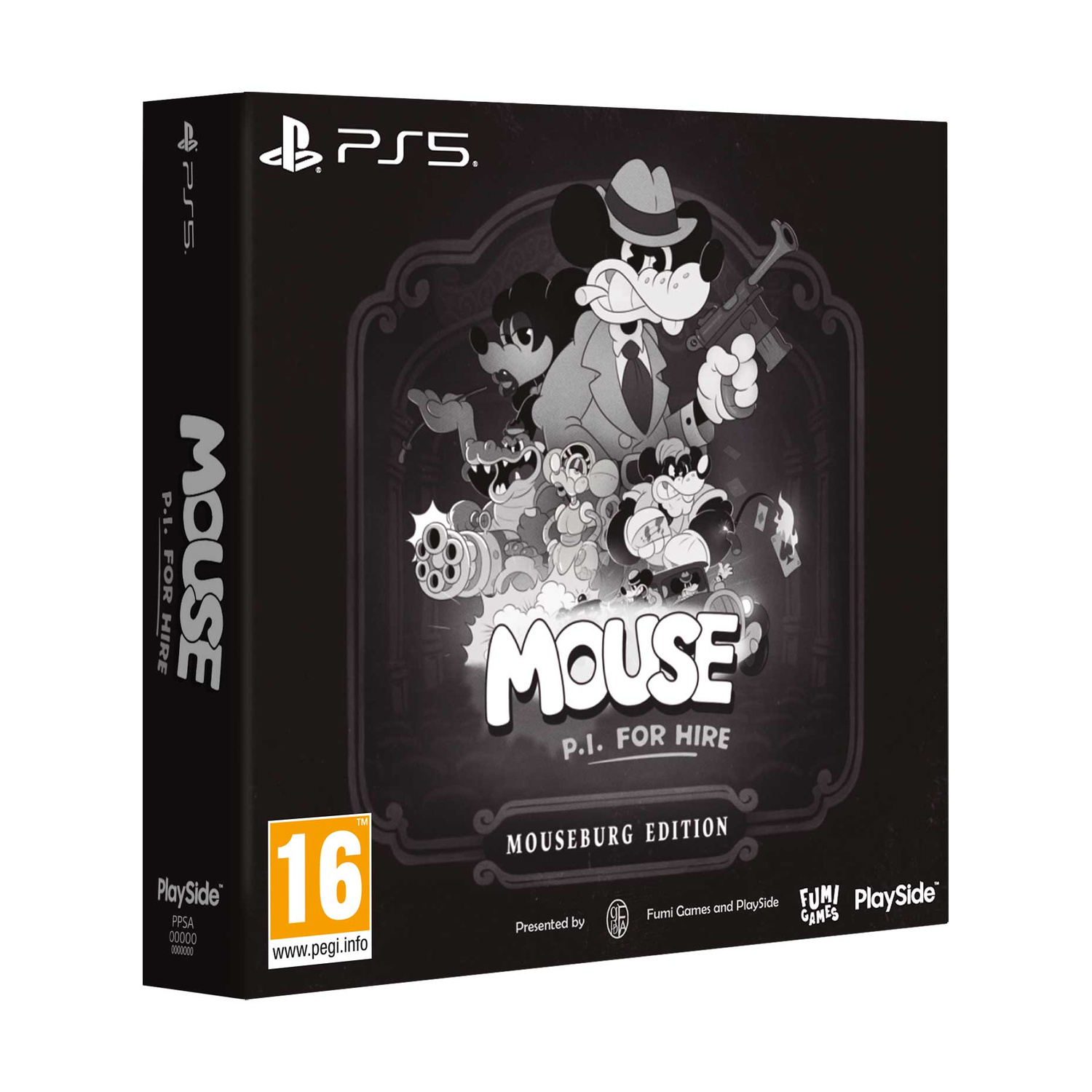 Scatola gioco PS5: Illustrazione B&N di un topo detective con pistola.