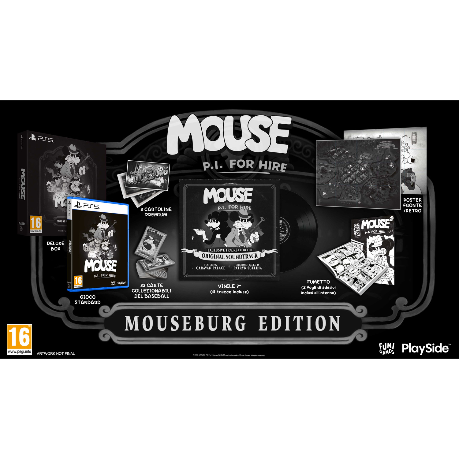 Edizione Mouseburg: Gioco, colonna sonora, poster, carte collezionabili e fumetto di Topolino.