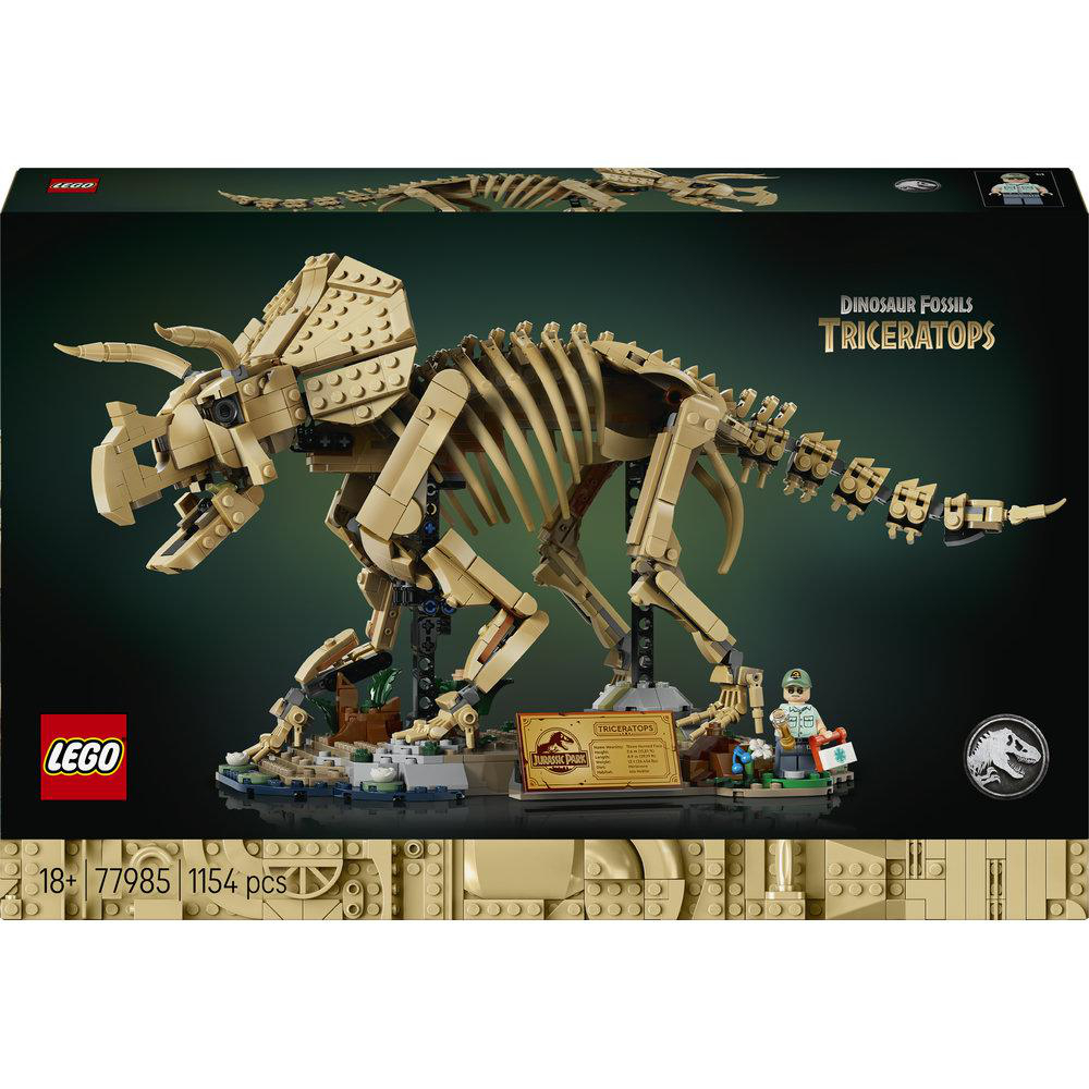 LEGO Triceratops Skelett-Bausatz mit Dino-Fossilien und Jurassic Park Schild.