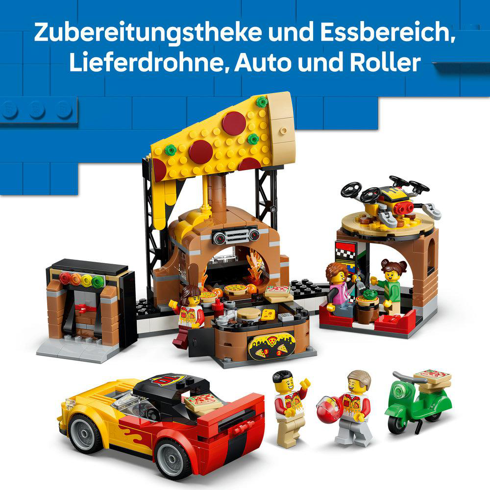 Lego Pizzarestaurant mit Autos, Roller, Drohne und Figuren.