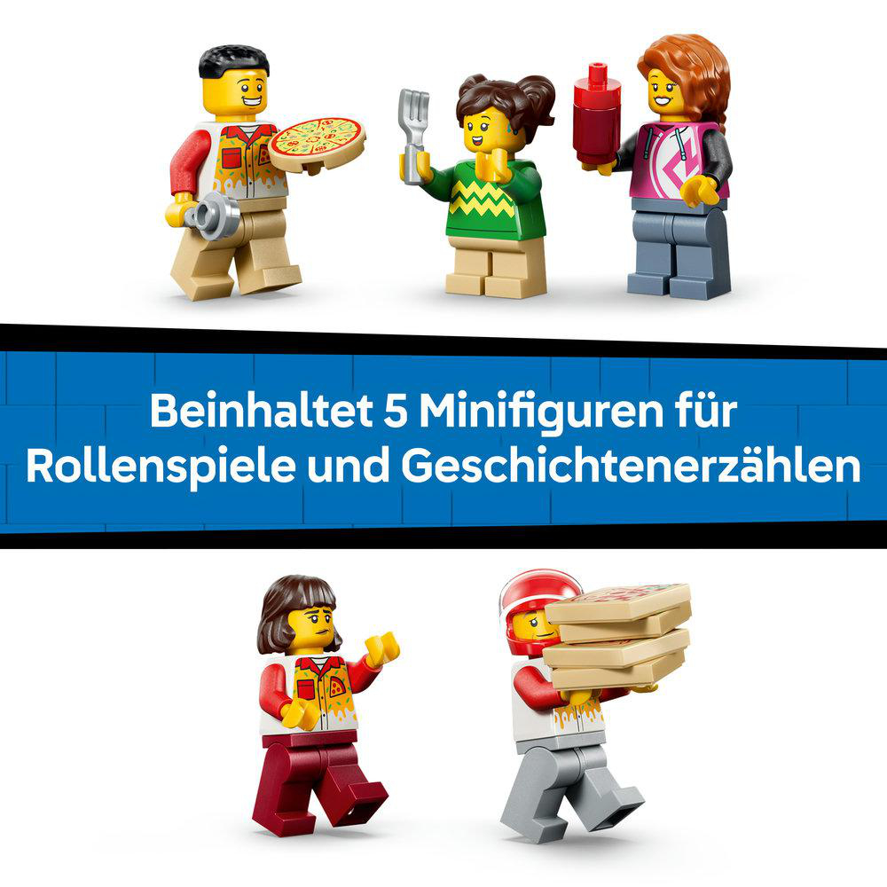 Drei LEGO Minifiguren oben, zwei unten. Eine hält Pizza, eine Gabel, eine Flasche.