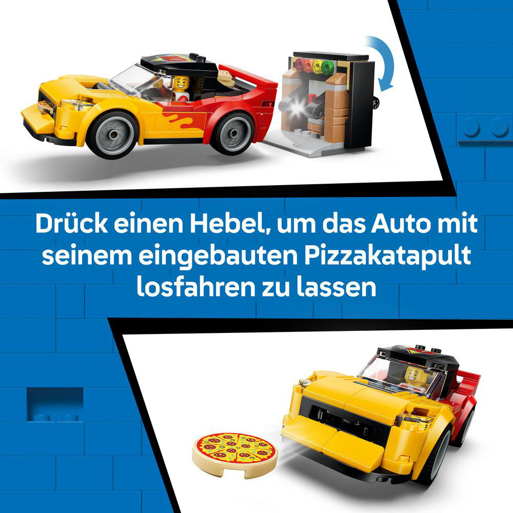 Ein gelbes und rotes Lego-Auto mit Pizzabeschuss-Aufsatz neben einer Pizzascheibe.
