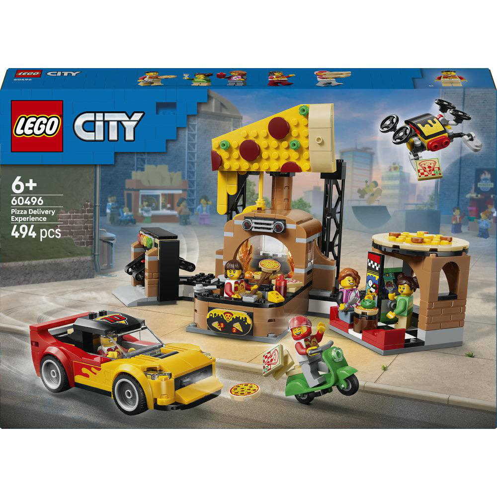 Lego City Pizzaliefer-Set mit Auto, Roller, Drohne und Pizzeria.