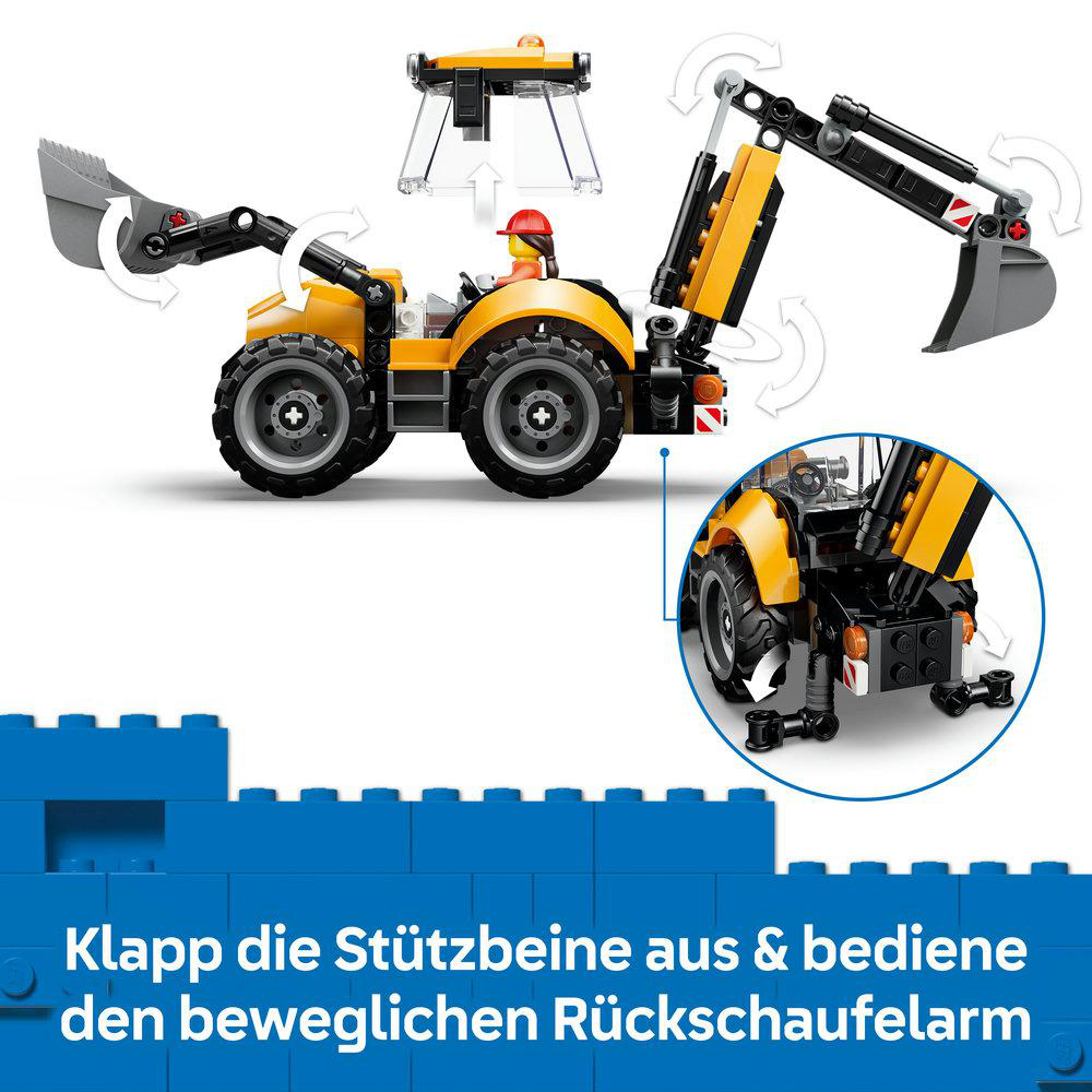 Gelber Spielzeugbagger mit rot-helmtriger Figur, beweglichen Teilen und Nahaufnahme des Hecks.