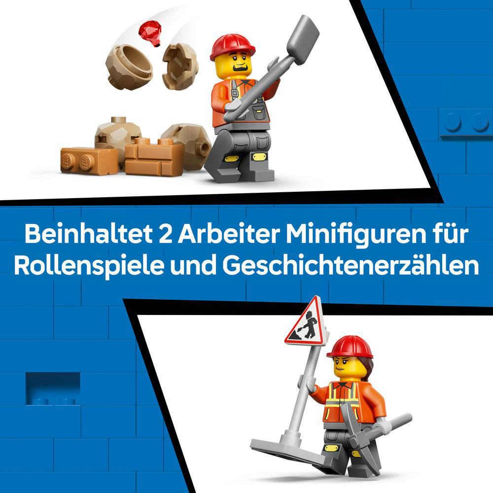 Zwei Lego-Arbeiter mit Werkzeug und Bauteilen.