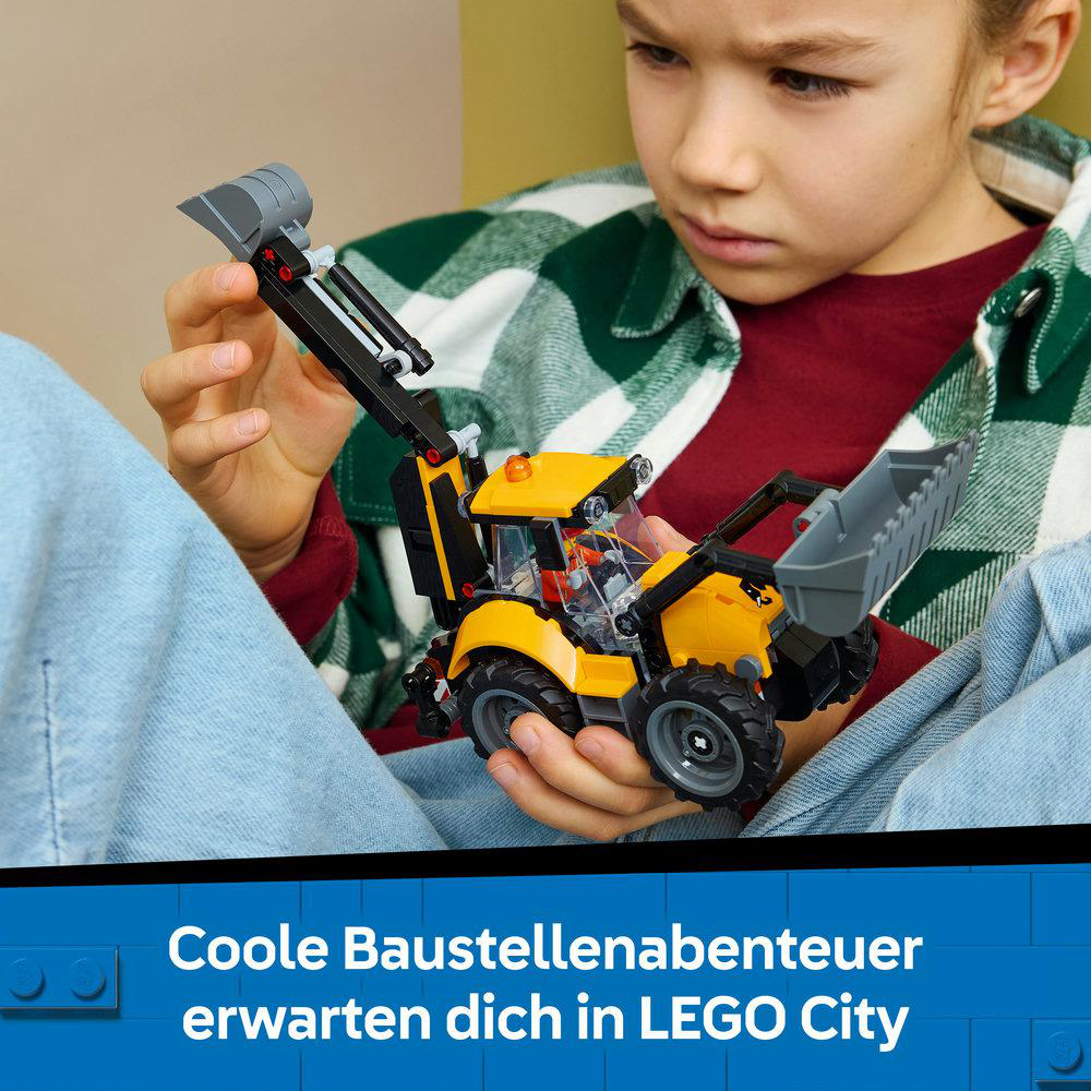 Kind hält einen gelben LEGO Baggerlader. Text: "Coole Baustellenabenteuer erwarten dich in LEGO City".
