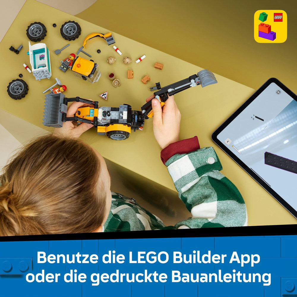 Kind baut mit LEGO-Steinen, Bauanleitung auf Tablet.