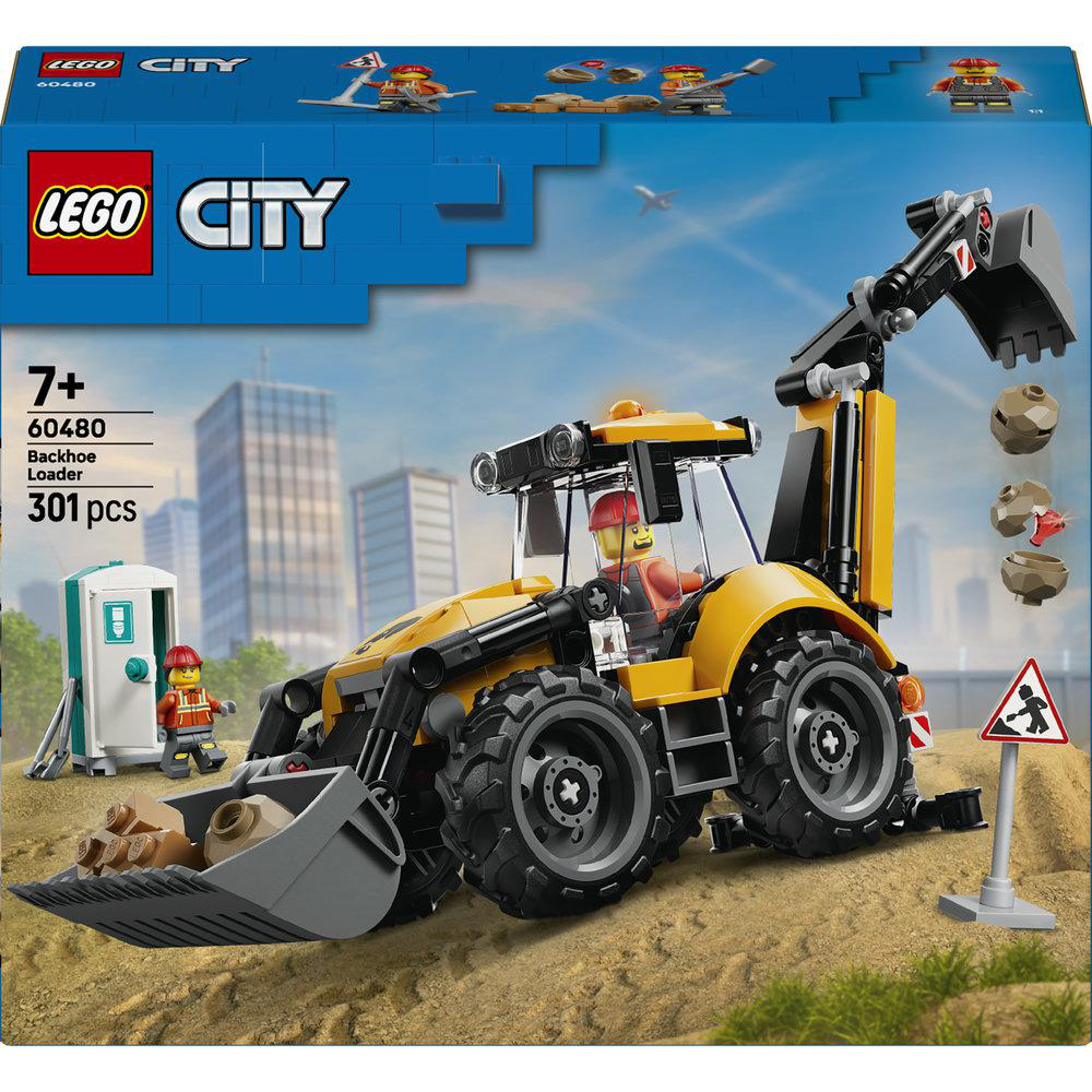 Ein gelber Lego-Bagger mit einem Fahrer, neben einem Toilettenhäuschen und Schutt.