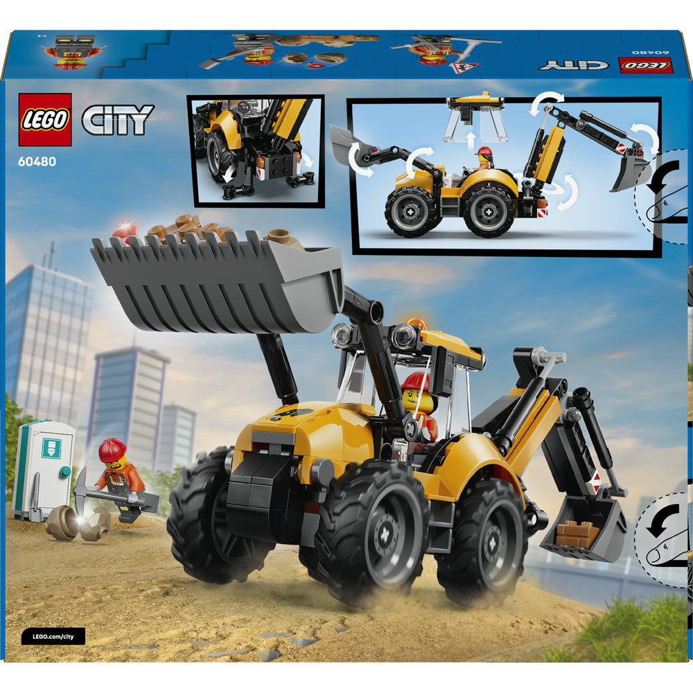 Ein gelber Lego-Bagger mit Schaufel und Fahrer. Ein Mann schaufelt Steine.