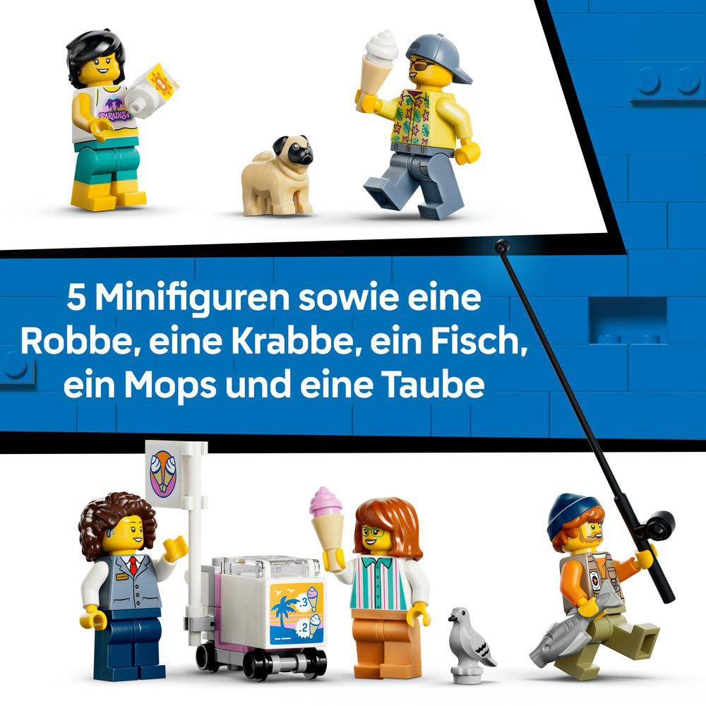 Fünf Minifiguren, Mops, Robbe, Krabbe, Fisch und Taube.