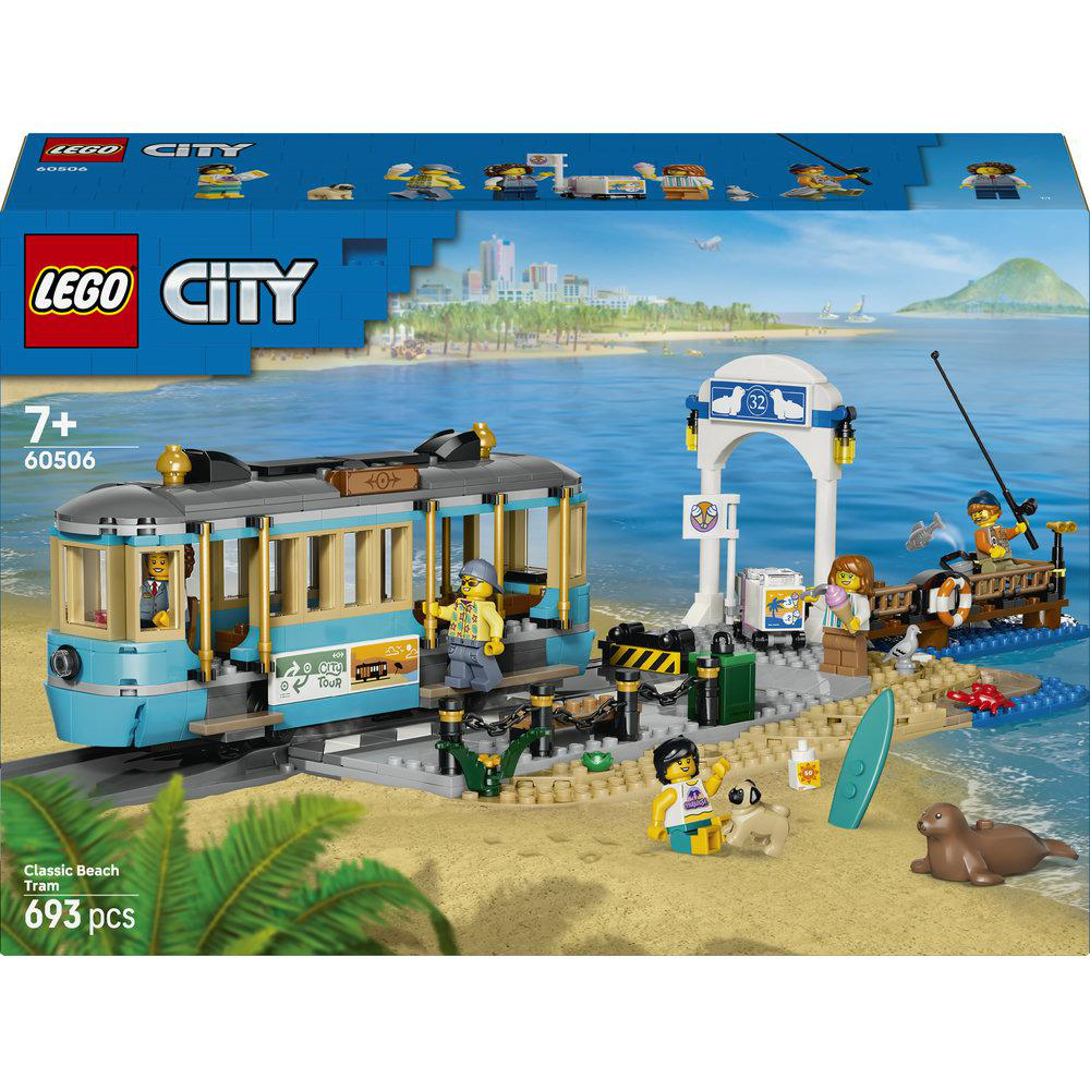 Lego City Set mit Strandbahn, Figuren, Hund, Robbe und Meer