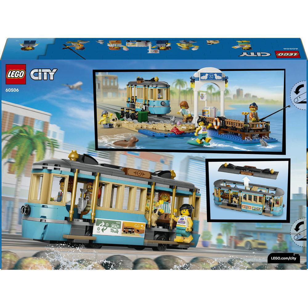 Lego City Set mit einer blauen Straßenbahn, einem Steg und Minifiguren am Wasser.