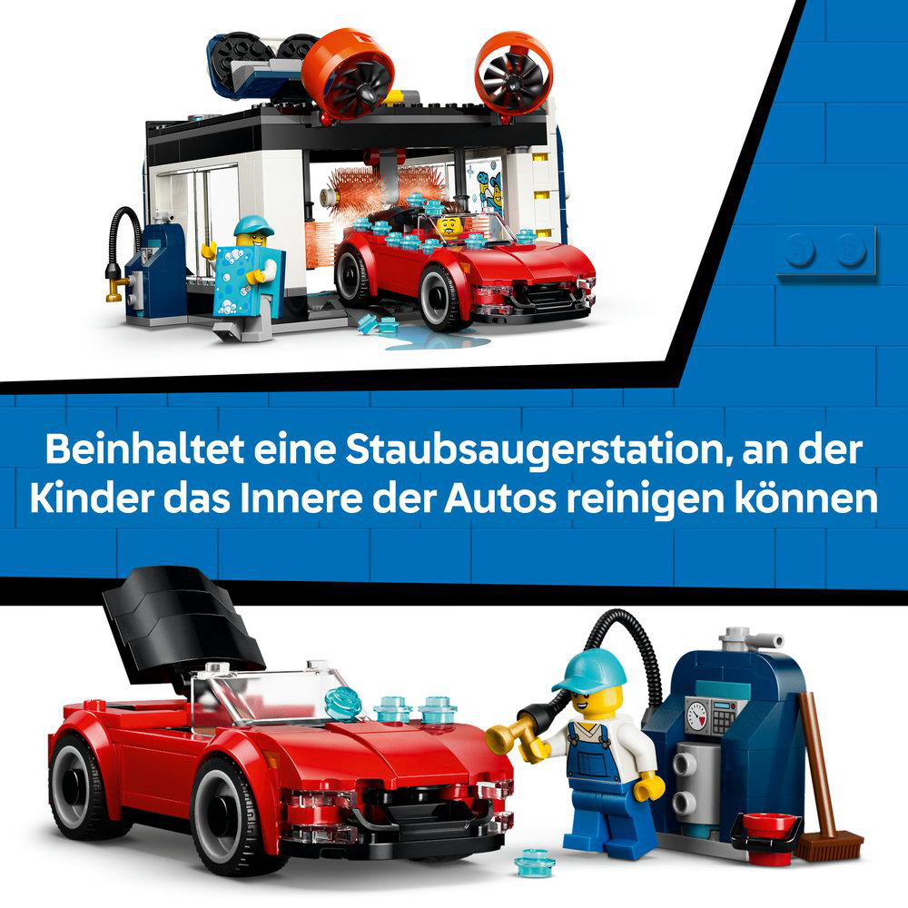 Ein rotes Auto wird von einer Lego-Figur an einer Staubsaugerstation gereinigt.