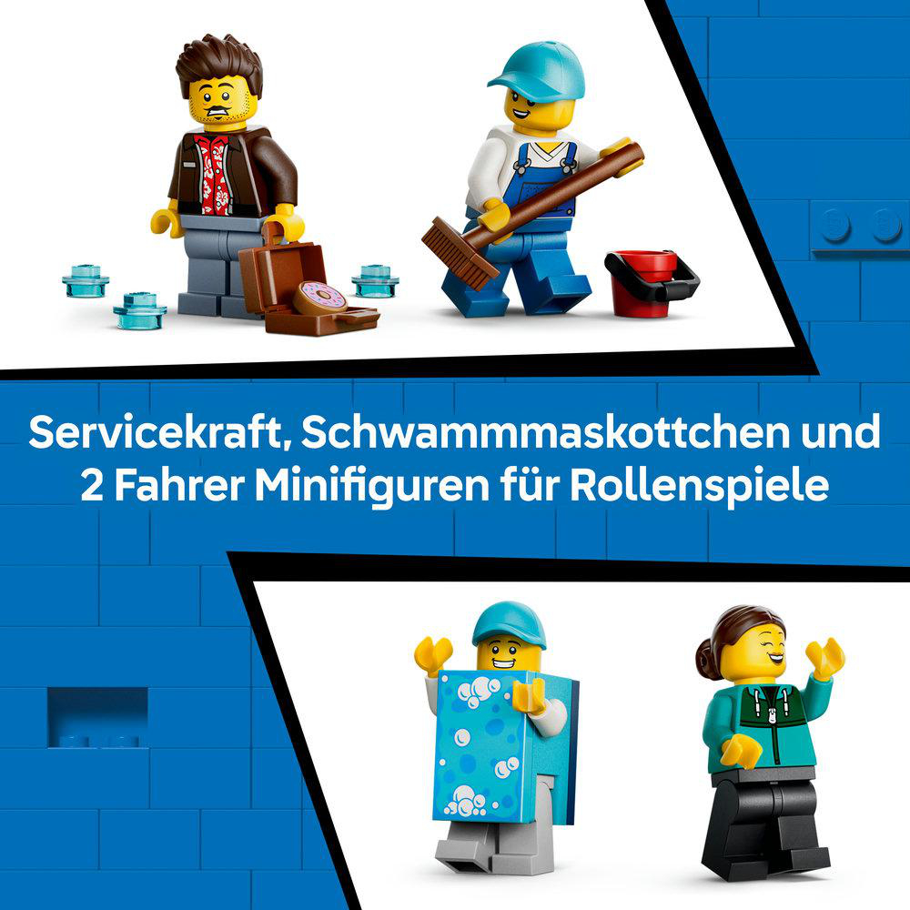 Vier Lego-Minifiguren: Servicekraft, Reinigungskraft mit Besen & Eimer, zwei Fahrer.