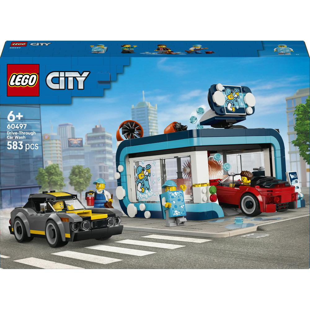 Lego City-Spielzeug: Eine Durchfahrtswaschanlage mit zwei Autos und zwei Figuren.
