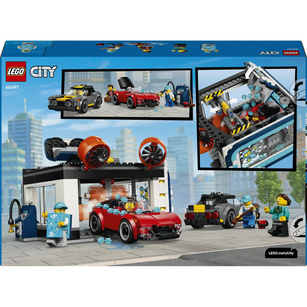 Lego City-Autowaschanlage mit roten und grauen Autos, Figuren und Bürsten.