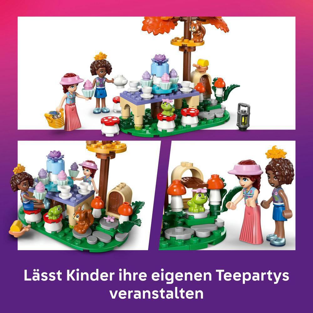 Drei Lego Friends Szenen: eine Teeparty, ein Spielplatz und ein Wald-Setup.