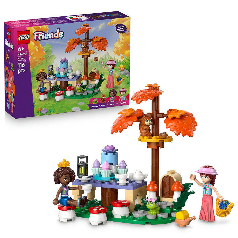 LEGO Friends Wald-Teeparty-Set mit Figuren, Tisch, Kuchen und Bäumen.