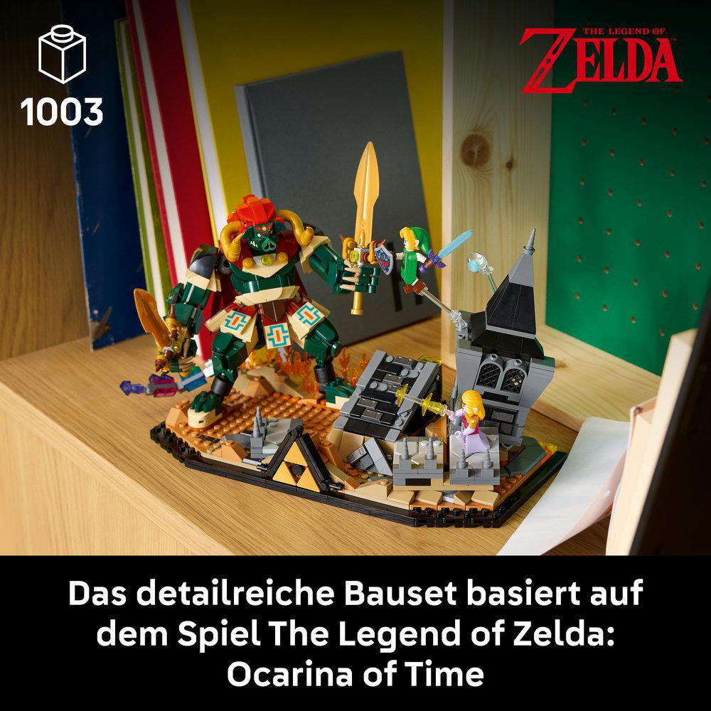 LEGO-Bausatz mit Ganondorf, Link und Zelda im Kampf vor einer Burg.