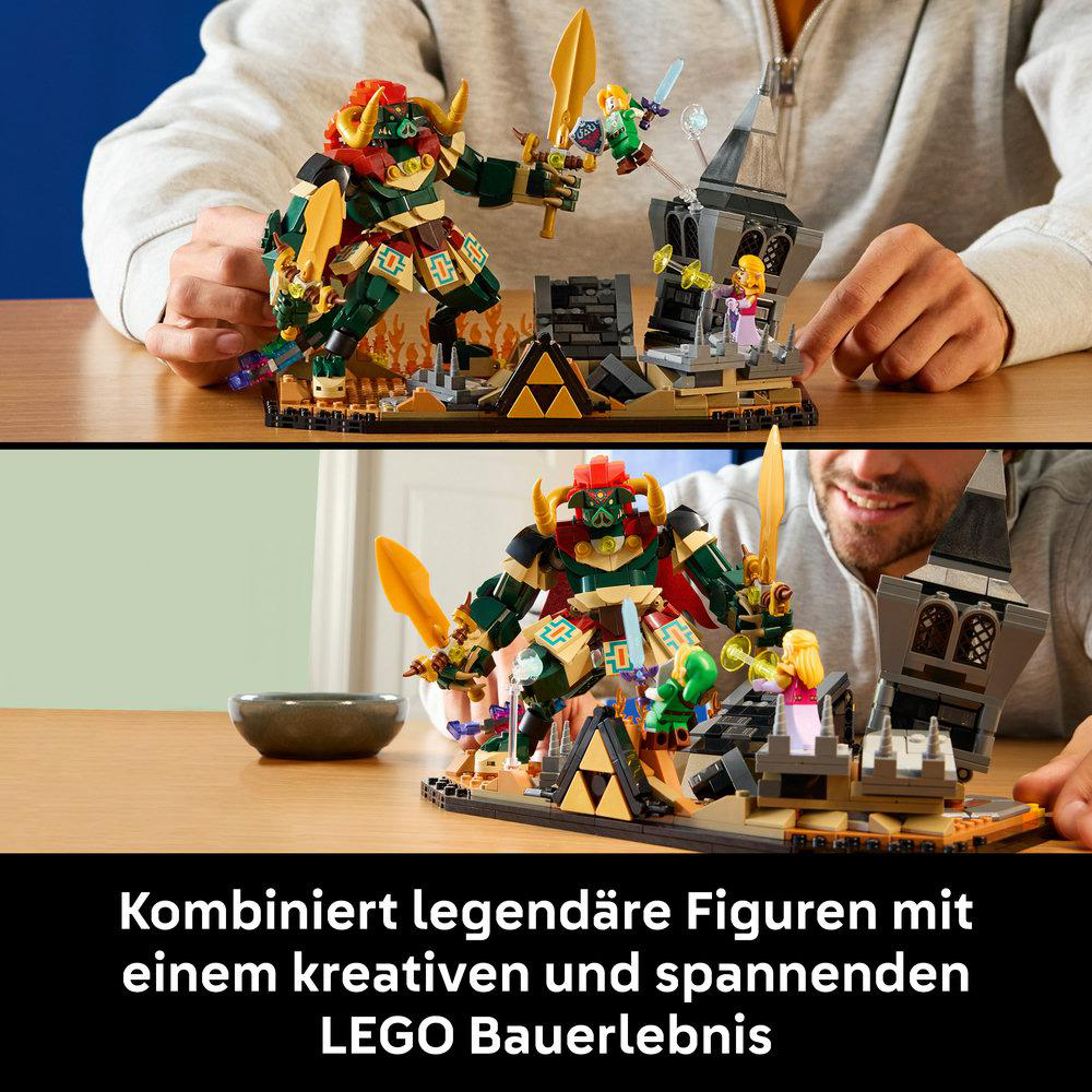 Zwei Szenen mit Lego-Figuren: ein grüner Riese und eine Burg.