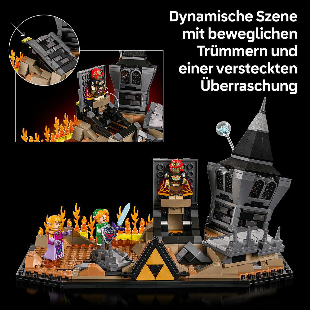 LEGO-Szene mit Figuren, Flammen und einem Turm.