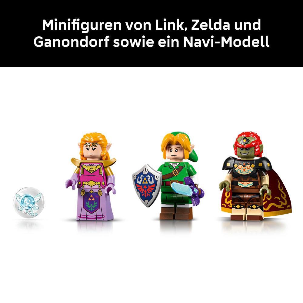 Drei Zelda-Minifiguren und ein Navi-Modell auf weißem Hintergrund.