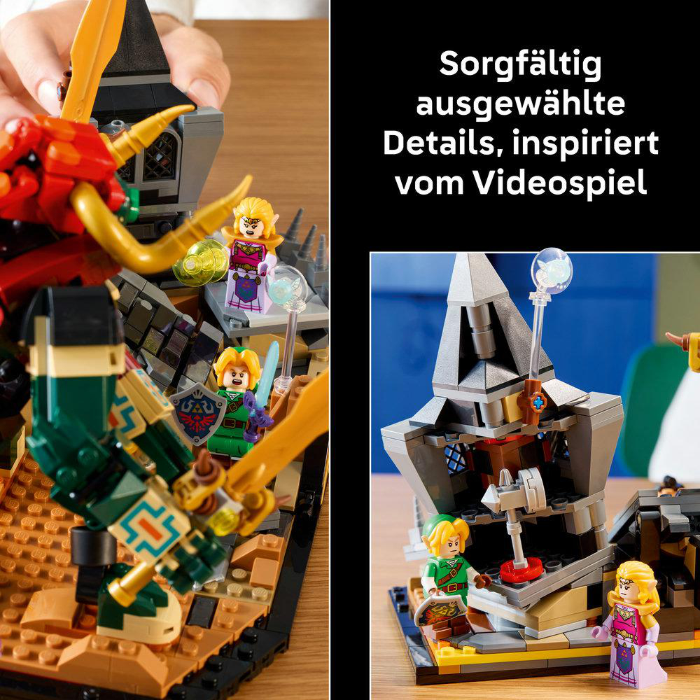 LEGO-Modell inspiriert von Videospielen mit Figuren und einem roten Drachen.