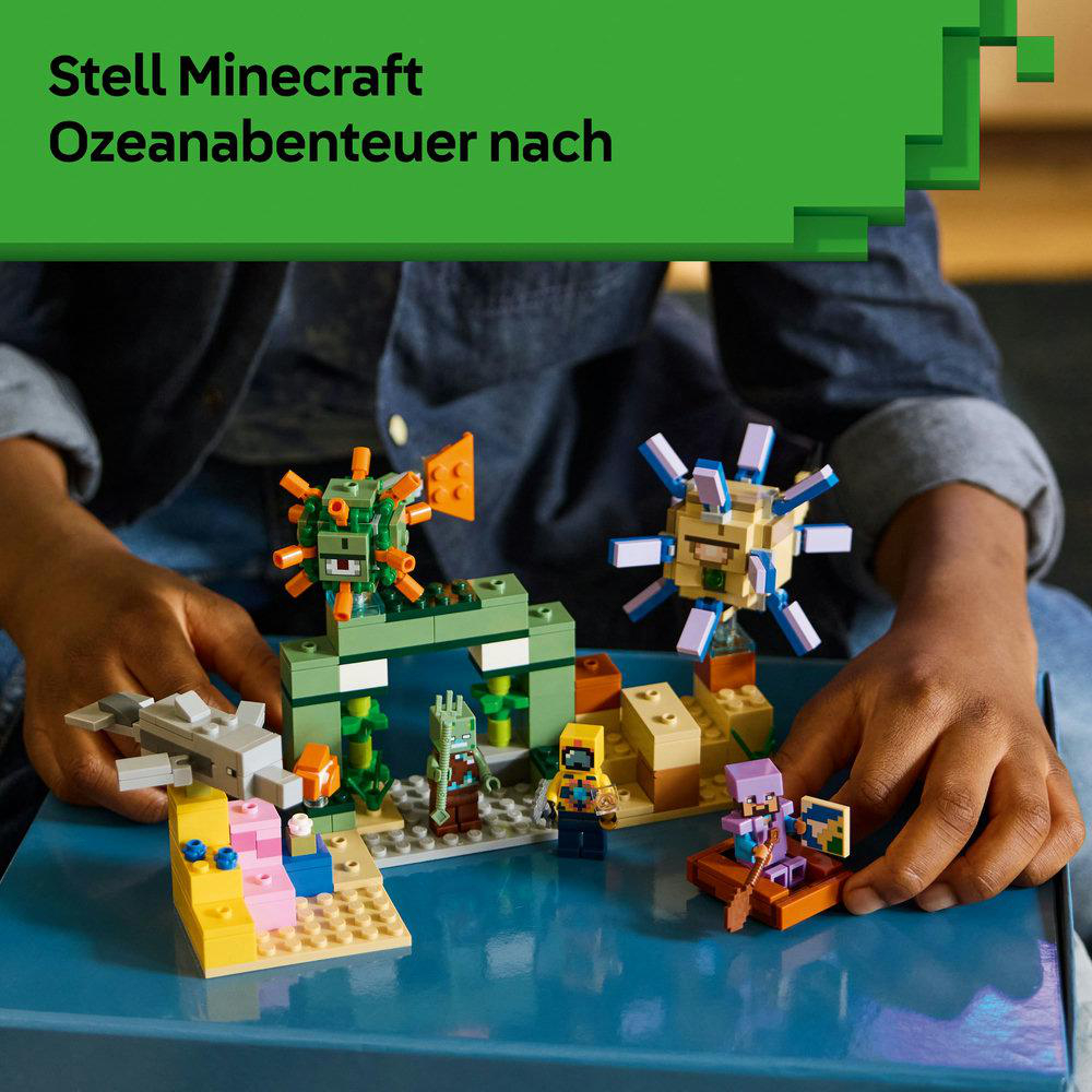 Minecraft-Ozeanabenteuer-LEGO-Set mit Figuren, Korallen und Delfin.