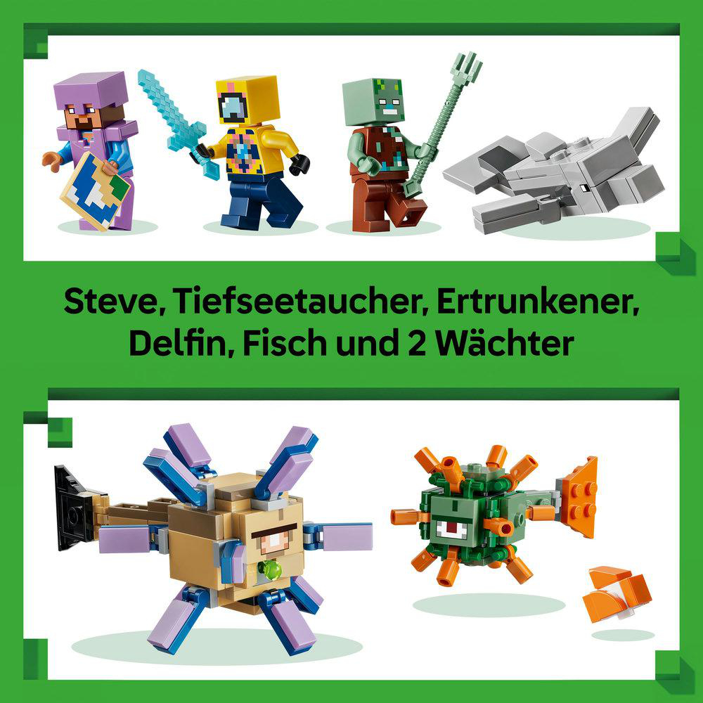 Minecraft-Figuren und Modelle: Steve, Taucher, Ertrinkender, Delfin, Fisch, 2 Wächter.