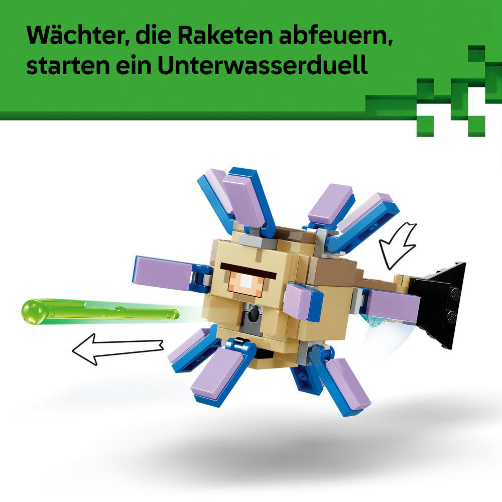 Ein Minecraft Wächter-Toy feuert eine grüne Rakete ab, mit blauen und lila Elementen.