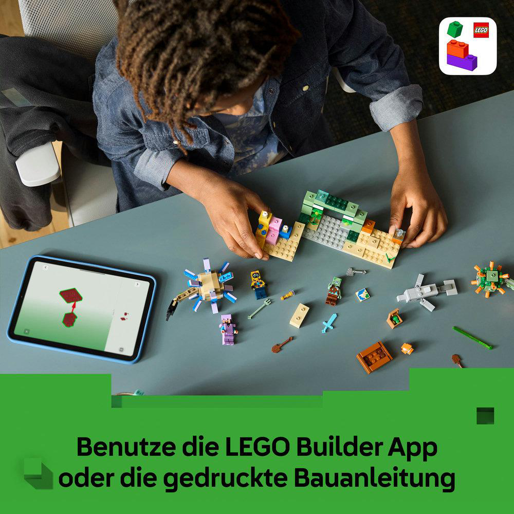 Ein Kind baut mit bunten LEGO-Steinen, geleitet von einem Tablet, mit LEGO-Logo.