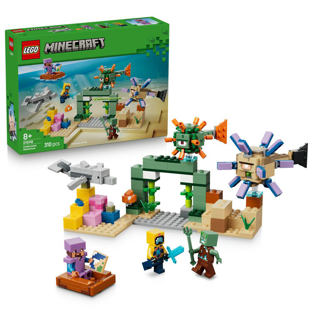 LEGO Minecraft Unterwasserabenteuer mit Figuren und Kreaturen.