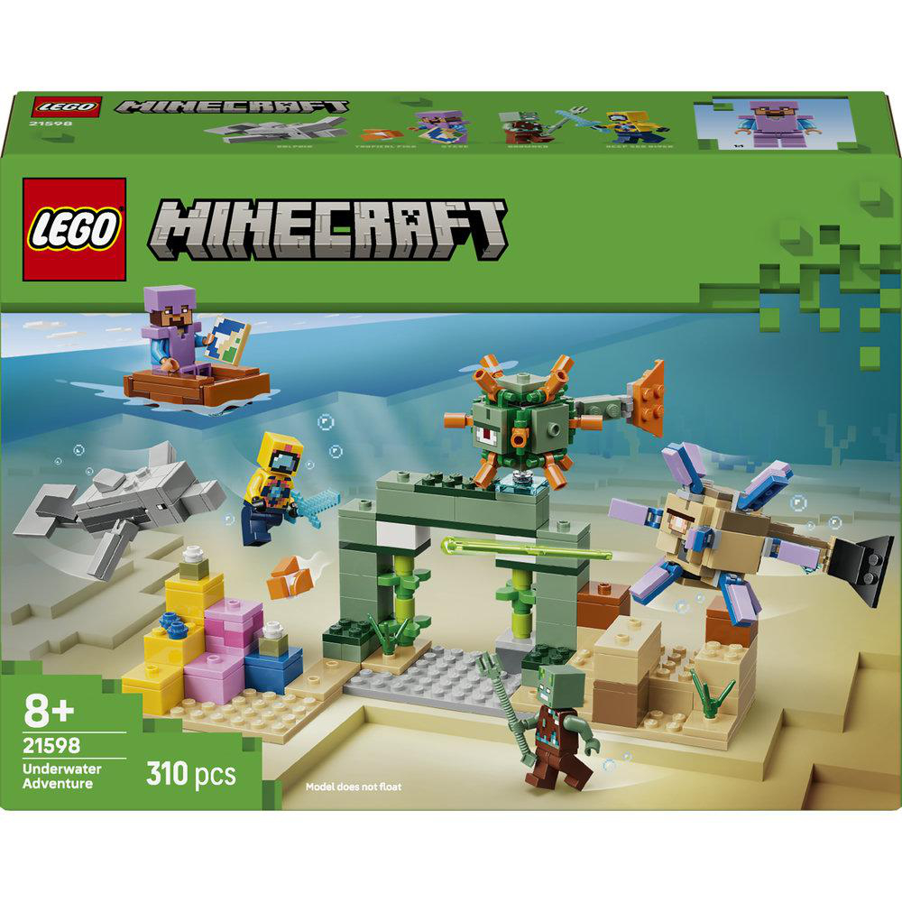 LEGO Minecraft Unterwasserabenteuer mit Figuren, Kreaturen und Struktur.