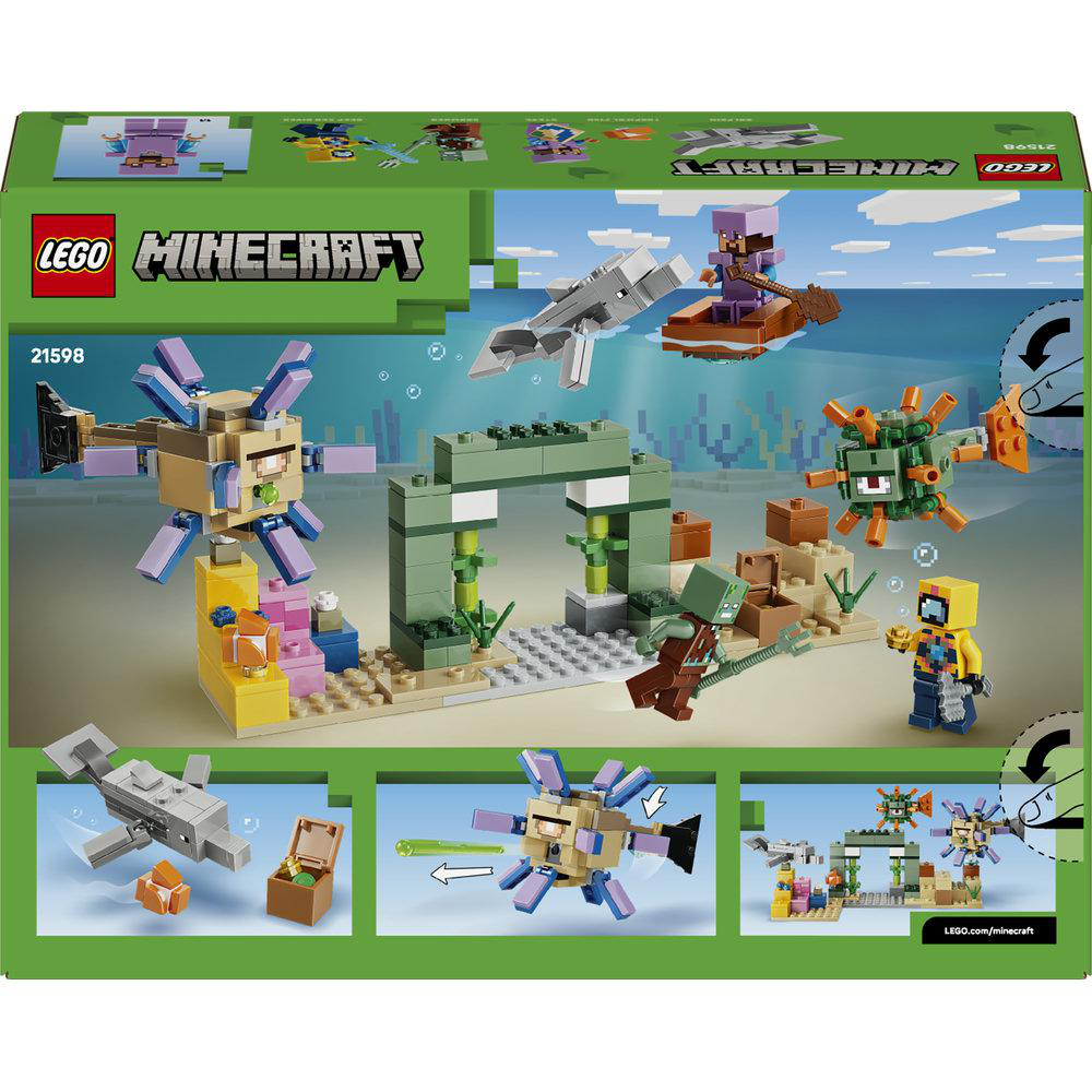 LEGO Minecraft Set mit Axolotln, Zombie, Minecraft-Figuren und einer Unterwasser-Architektur.