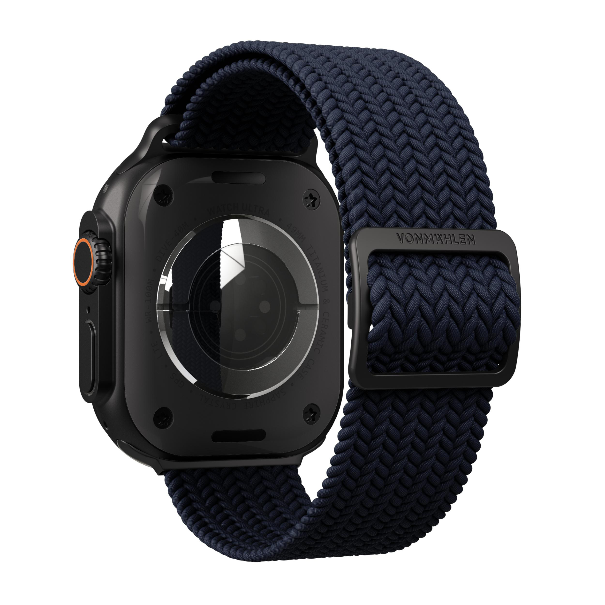 Schwarze Smartwatch mit dunkelblauem geflochtenem Band. Text zeigt 'Watch Ultra'.