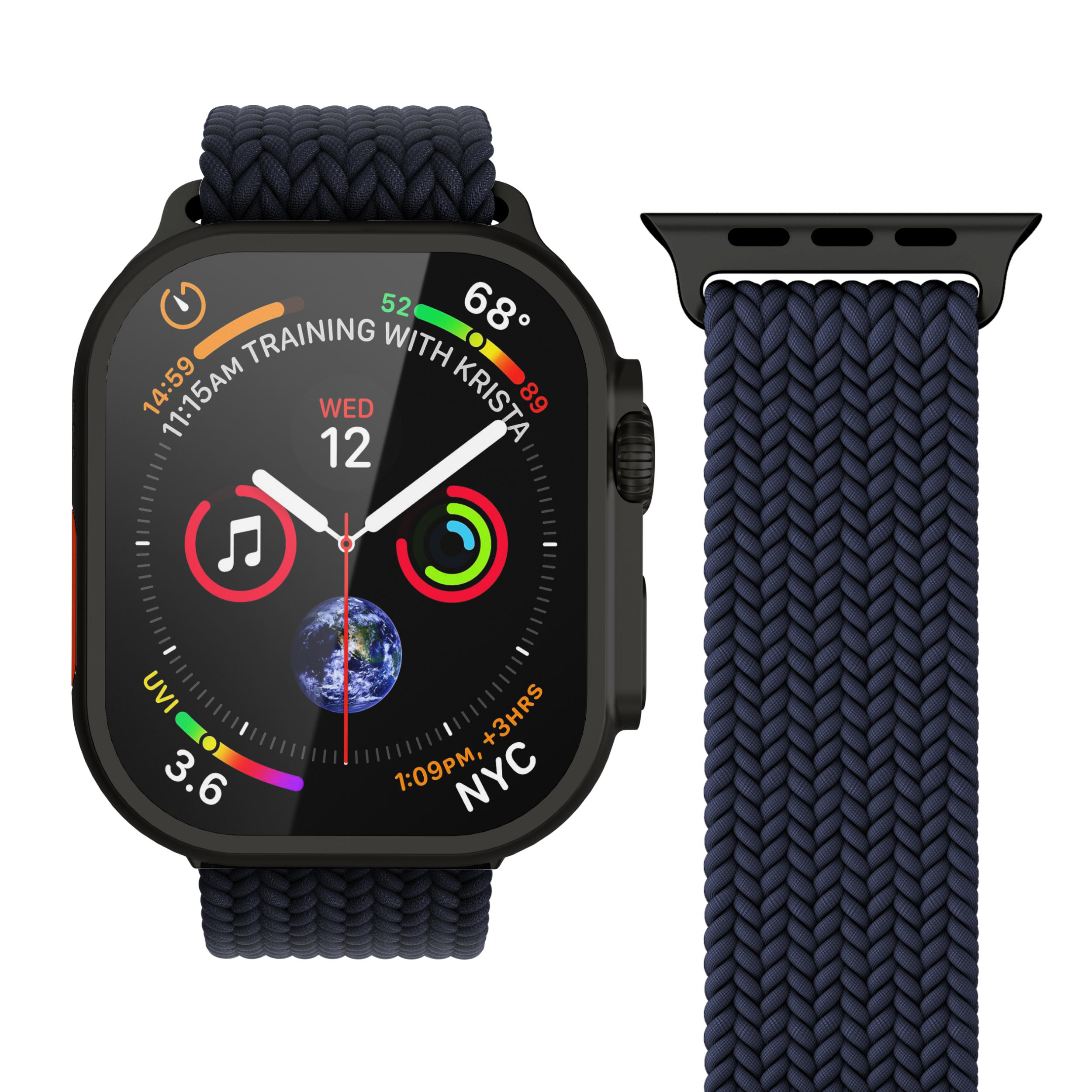 Eine Smartwatch mit dunkelblauem geflochtenem Armband und Weltkugel-Zifferblatt.
