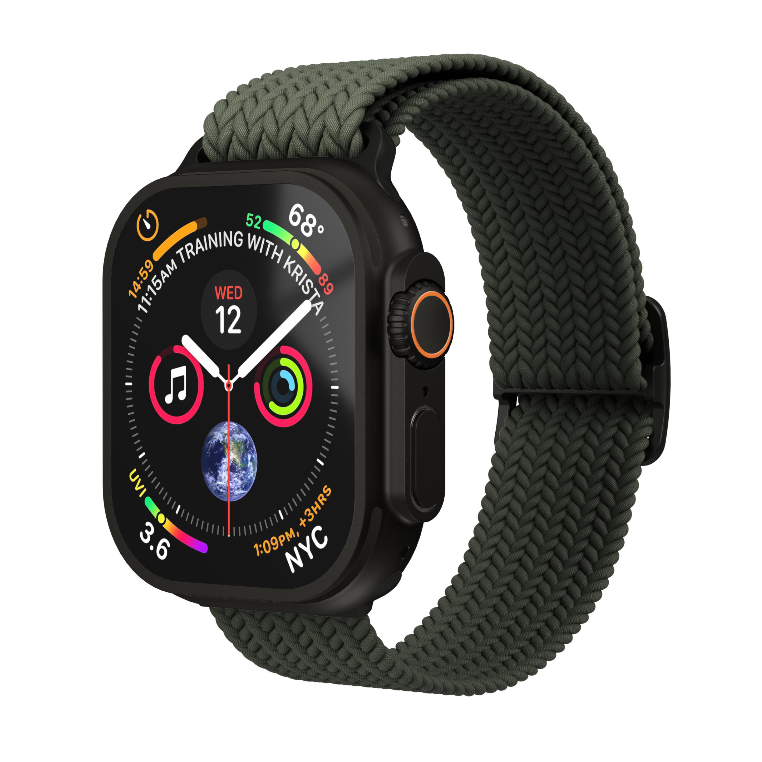 Eine dunkle Smartwatch mit einem grünen geflochtenen Armband und einem detaillierten Zifferblatt.
