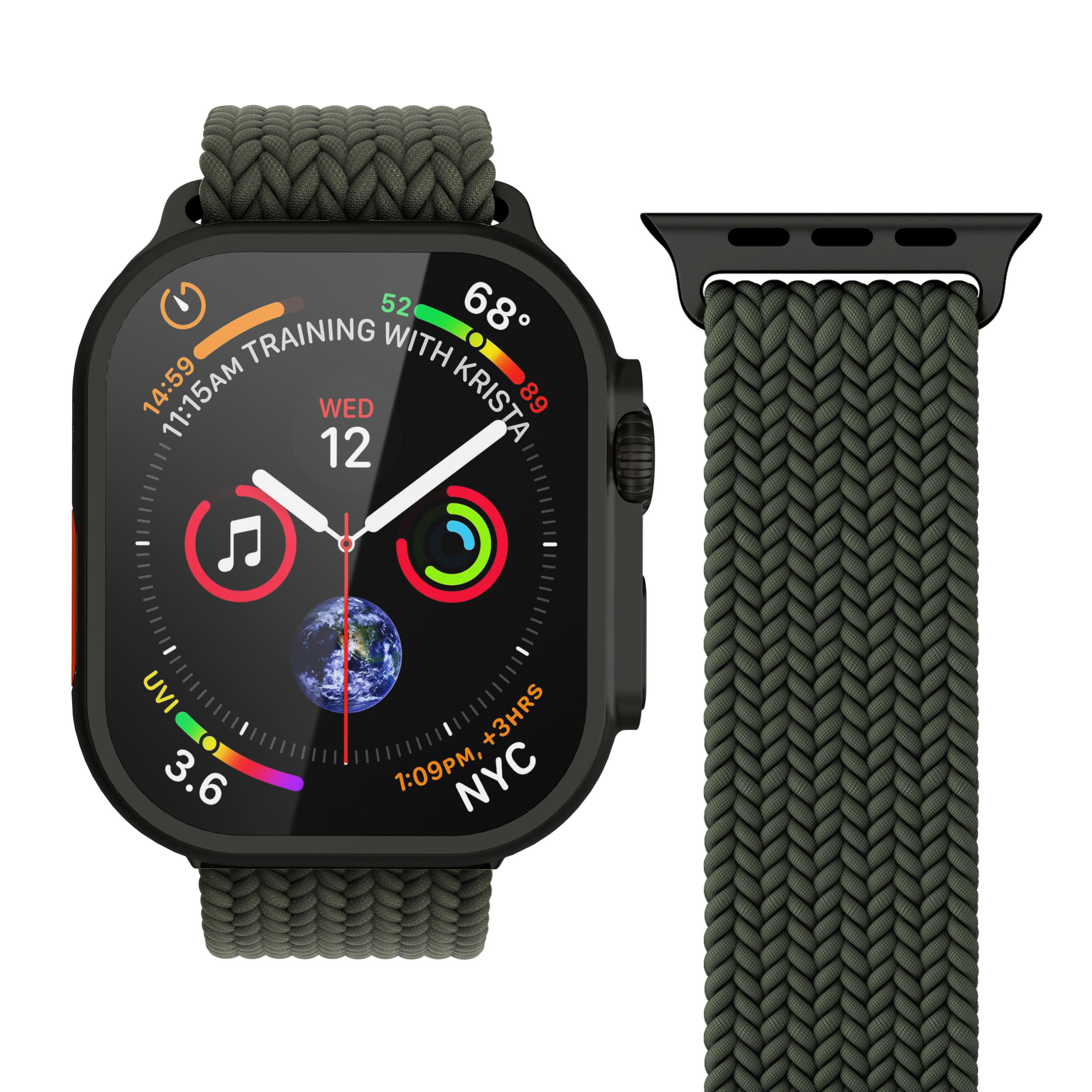 Eine grüne Smartwatch mit dunklem Zifferblatt und einem geflochtenen Armband.