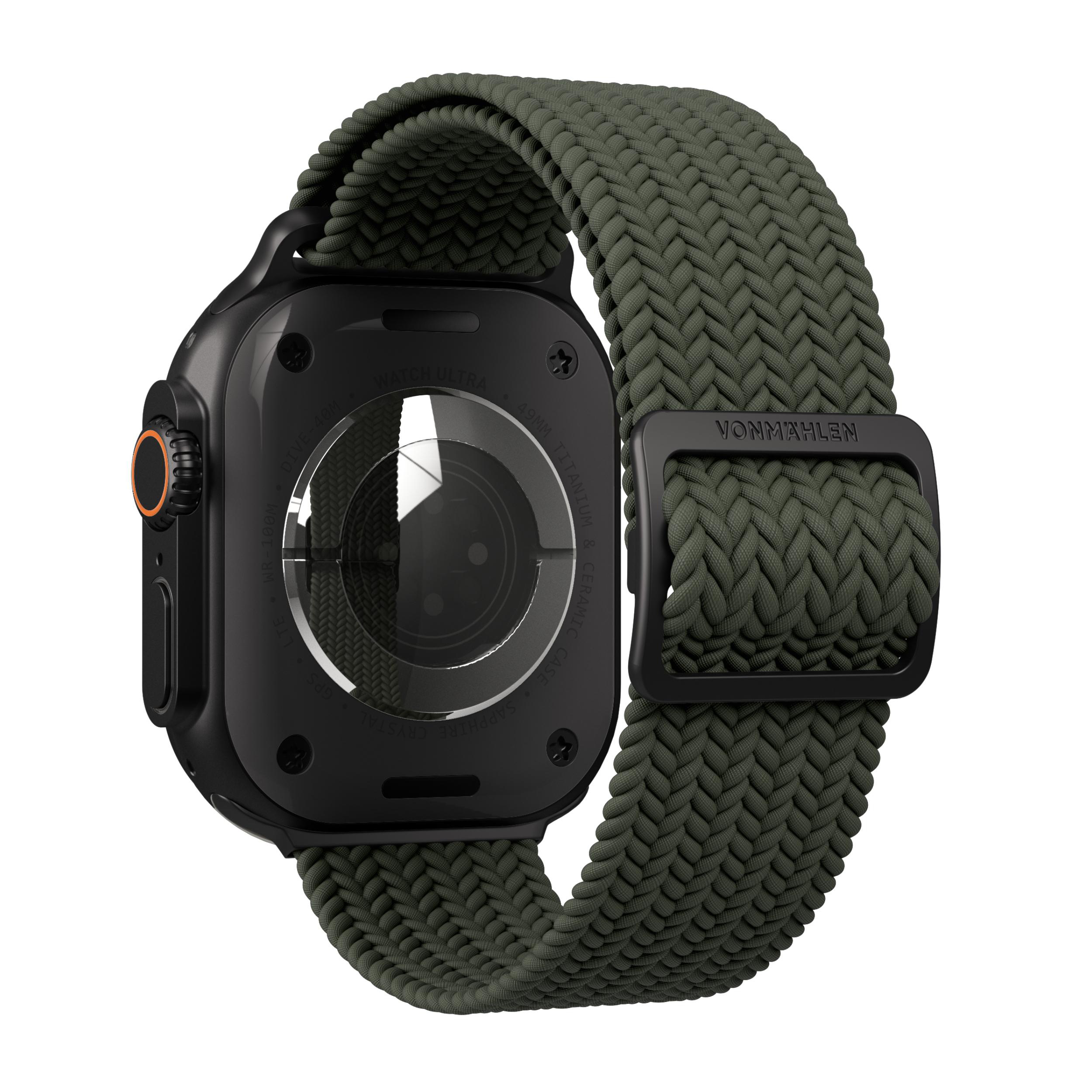 Schwarze Smartwatch mit grünem, geflochtenem Armband. Detailansicht der Rückseite.