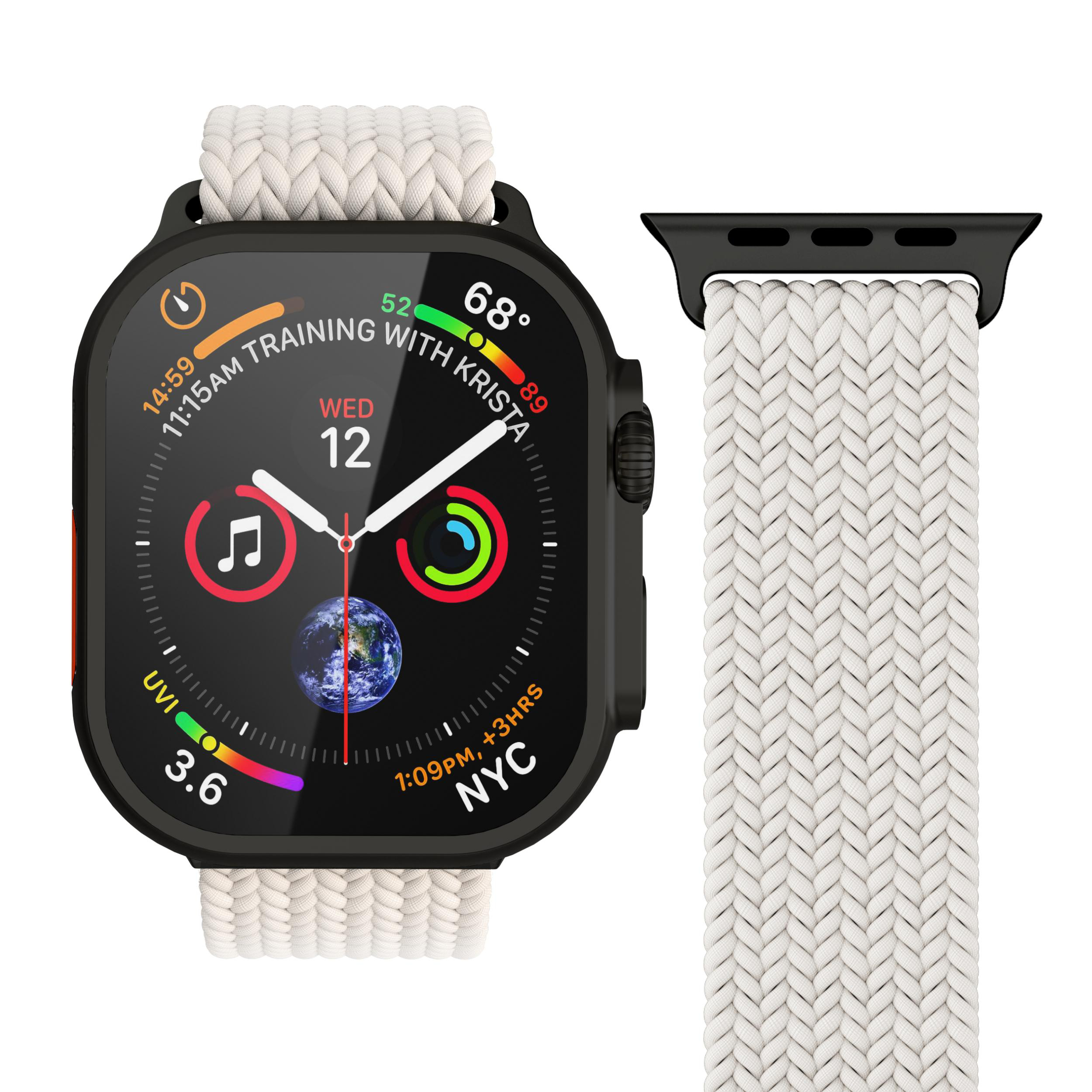 Eine weiße Apple Watch mit einem geflochtenen Armband und einem dunklen Gehäuse.