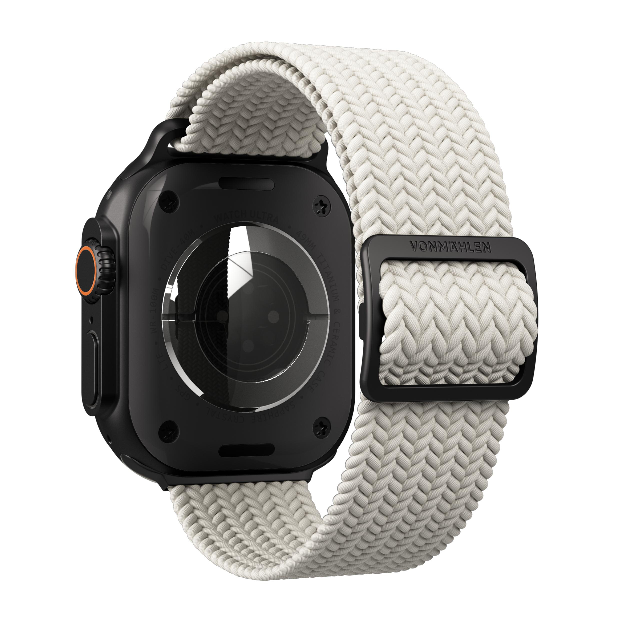 Schwarze Smartwatch mit weißem geflochtenem Armband und schwarzer Schnalle.
