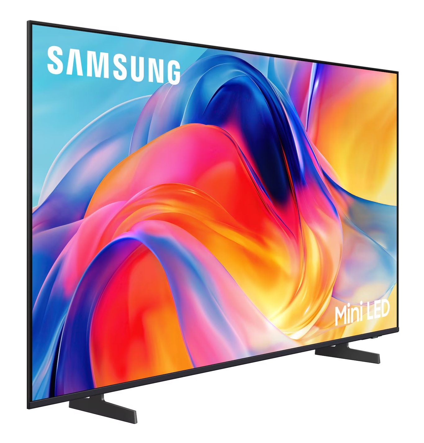 Telewizor Samsung Mini LED z kolorowym ekranem i czarnym stojakiem.