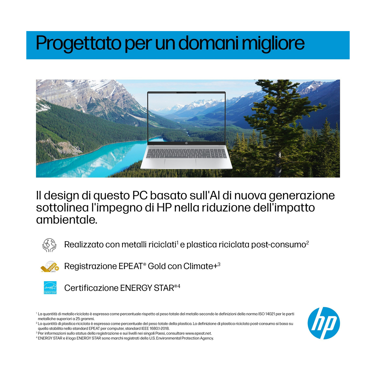 Un laptop è mostrato davanti a una vista panoramica di montagna e lago. Logo HP.