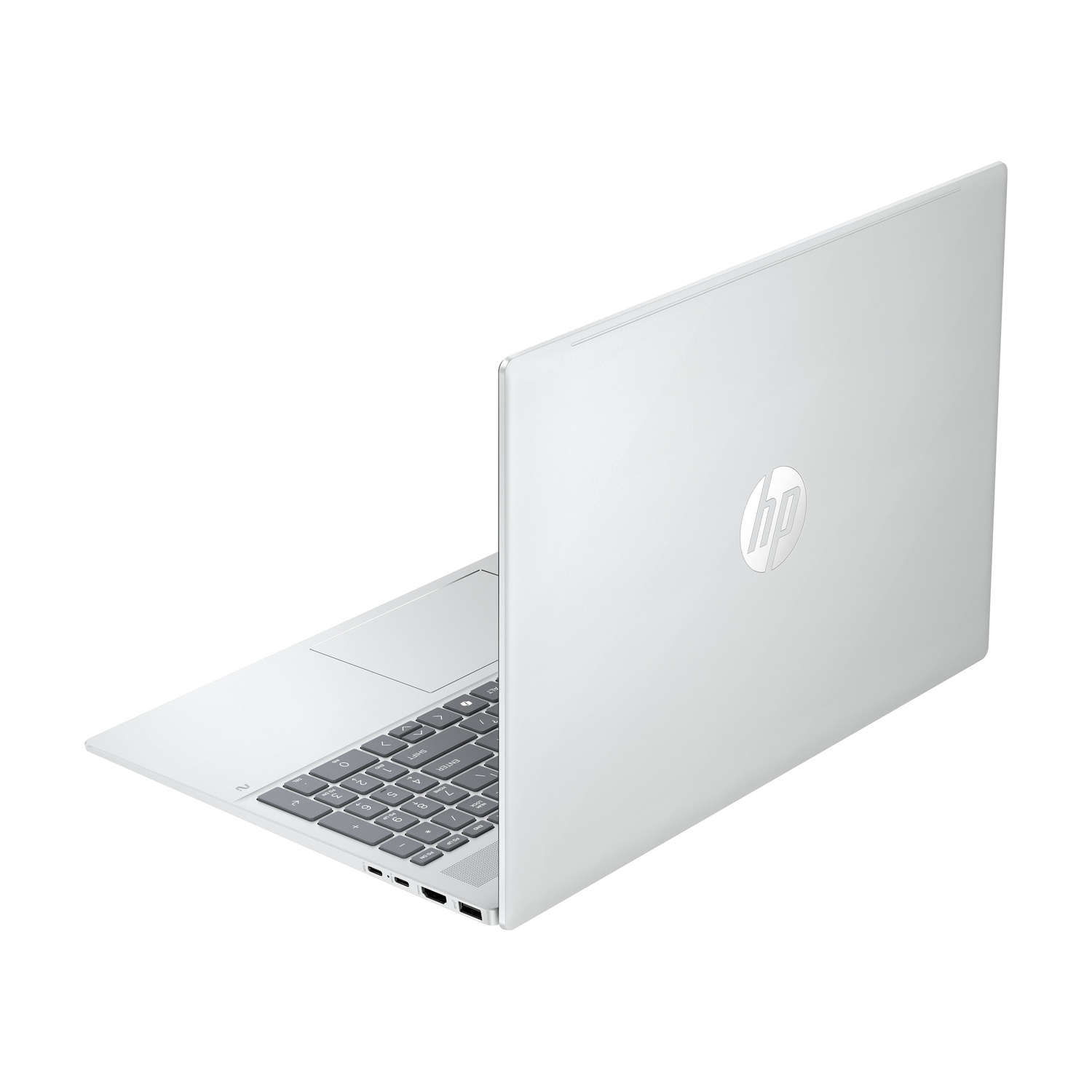 Un laptop HP argentato con tastiera e touchpad, visto di lato.