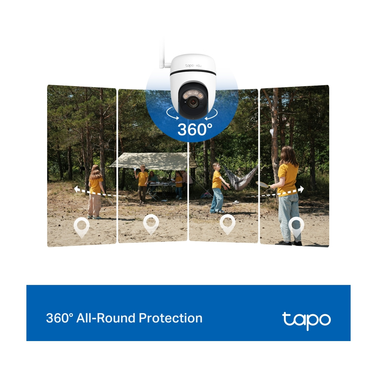 Una telecamera Tapo bianca mostra una visuale a 360° di bambini in un campeggio. Protezione a 360°.