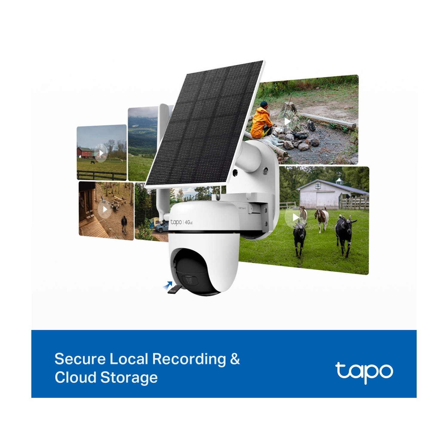Telecamera smart con pannello solare e viste multiple: fattoria, bosco, capre.